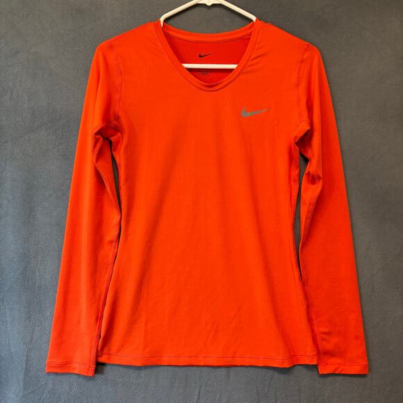 Nike Dri-FIT Women’s Long Sleeve Athletic Training Top Orange Swoosh Compression - Picture 1 of 7